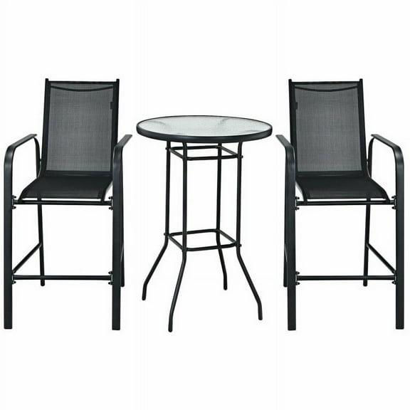 Spaco 3 Pieces Outdoor Patio Bar Table Stool Set-Black, Outdoor Stackable Dining Chairs for All Weather, Breathable Garden Outdoor Furniture for Backyard Deck