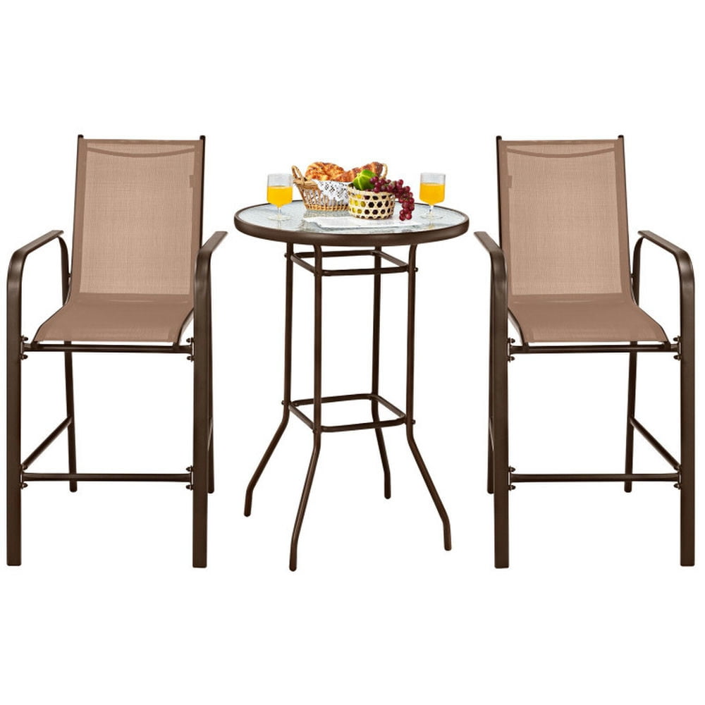 Spaco 3 Pieces Outdoor Patio Bar Table Stool Set, Bar Table Stool Set with 2 Bar Stools and 1 Tempered Glass Table, Bar Table Stool Set for Outdoor as Garden, Patio, Brown Spaco 3 Pieces Outdoor Patio Bar Table Stool Set, Bar Table Stool Set with 2 Bar Stools and 1 Tempered Glass Table, Bar Table Stool Set for Outdoor as Garden, Patio, Brown
