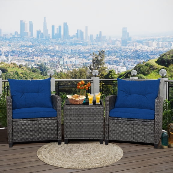 Spaco 3 Pieces Outdoor Wicker Conversation Set with Tempered Glass Tabletop, Ergonomic and Sturdy Sofa with Comfy Seat and Back Cushions, 3-Piece Rattan Set for Outdoor, Navy