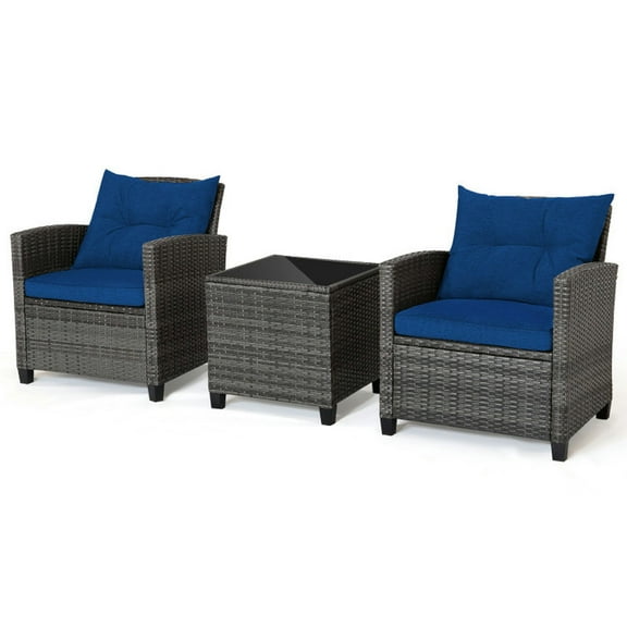 Spaco 3 Pieces Outdoor Wicker Conversation Set with Tempered Glass Tabletop, Ergonomic and Sturdy Sofa with Comfy Seat and Back Cushions, 3-Piece Rattan Set for Outdoor, Navy