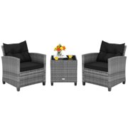 Spaco 3 Pieces Outdoor Wicker Conversation Set with Tempered Glass Tabletop, Patio Furniture, Outdoor Furniture for Backyard-Black