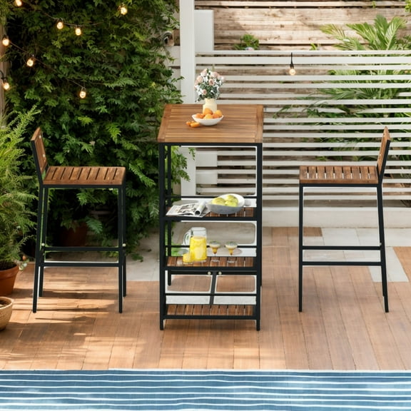 Spaco 3 Pieces Outdoor Wood Bar Set with 3-Tier Storage Shelf, Bar Set with Metal Frame for Patio, Garden, Backyard, Brown