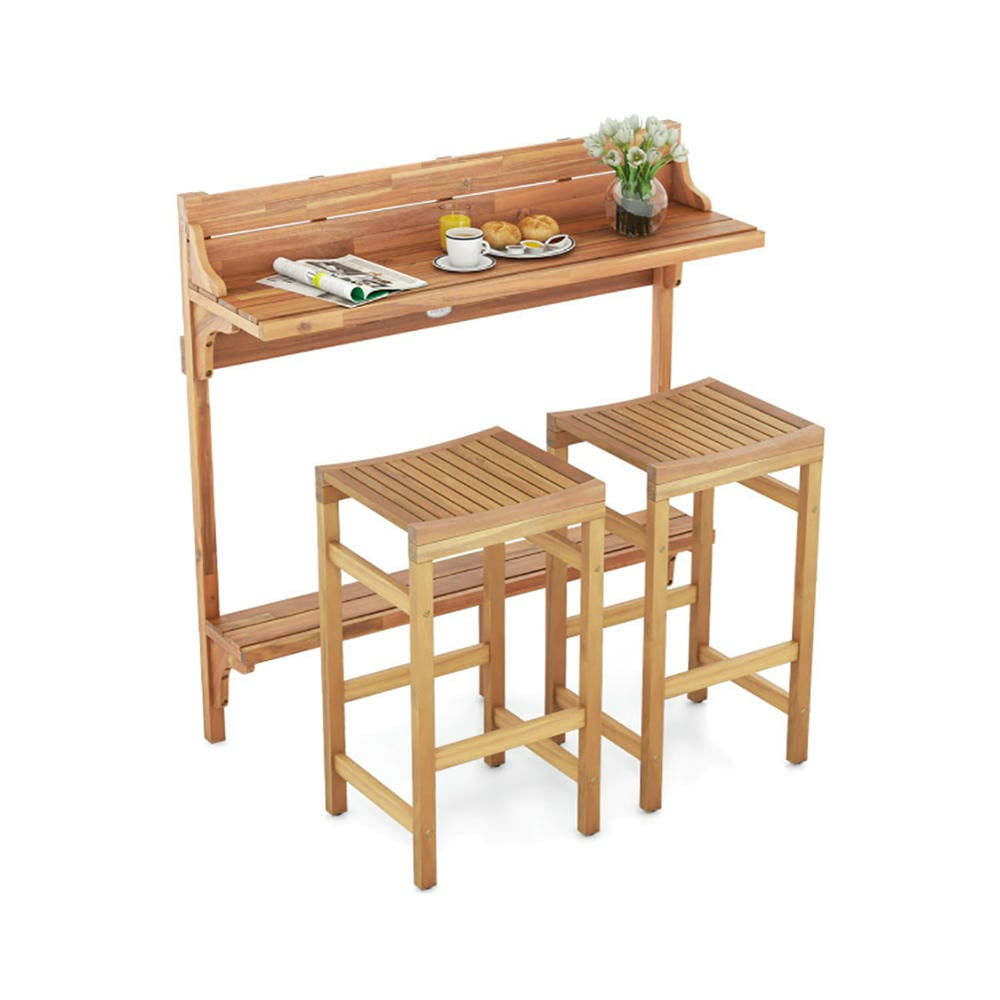 Acacia Wood 3-Piece Balcony Bar Table Set with Footrest