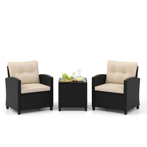 Spaco 3 Pieces Patio Furniture Set with Tempered Glass Coffee Table, Outdoor Chairs, Patio Chair, Outdoor Patio Furniture-Off White