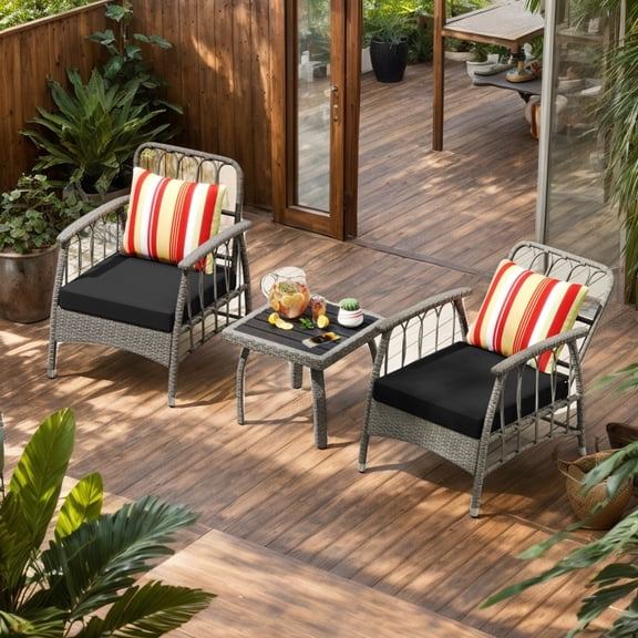 Spaco 3 Pieces Patio PE Wicker Furniture Set, Patio Conversation Set with 5-Level Adjustable Backrest for Patio, Garden, Backyard, Gray