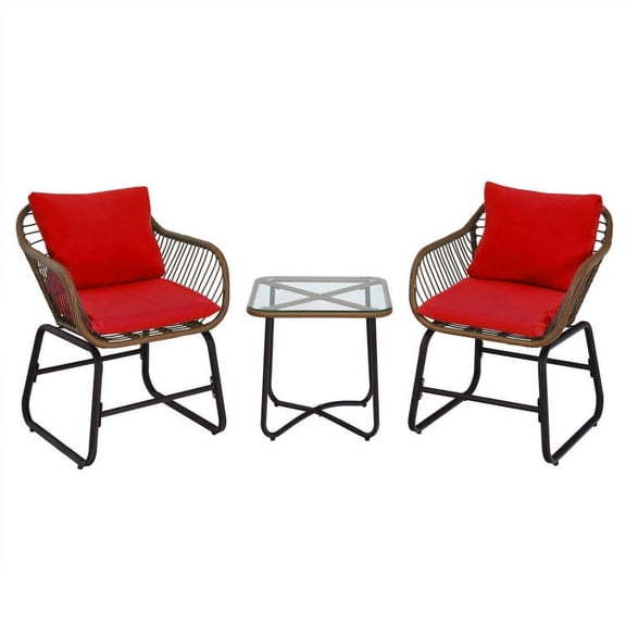 Spaco 3 Pieces Patio Rattan Bistro Set, Outdoor Patio Rattan Conversation Bistro Set, Cushioned Chair Glass Table Deck-Red