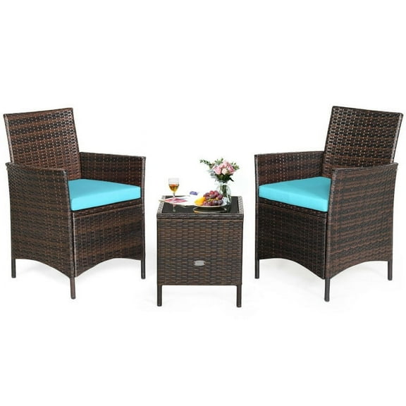 Spaco 3 Pieces Patio Rattan Furniture Set, Patio Outdoor Furniture Conversation Sets with Cushioned Sofa and Glass Tabletop Deck-Blue