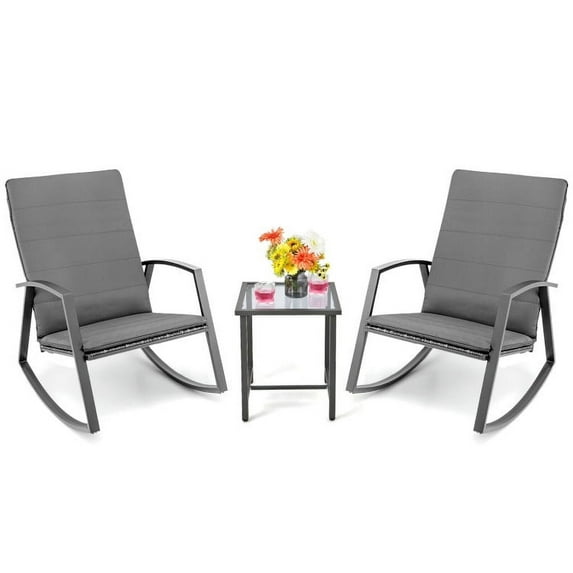 Spaco 3 Pieces Patio Rattan Rocking Furniture Set, Deluxe Outdoor Patio with Table Deck-Gray