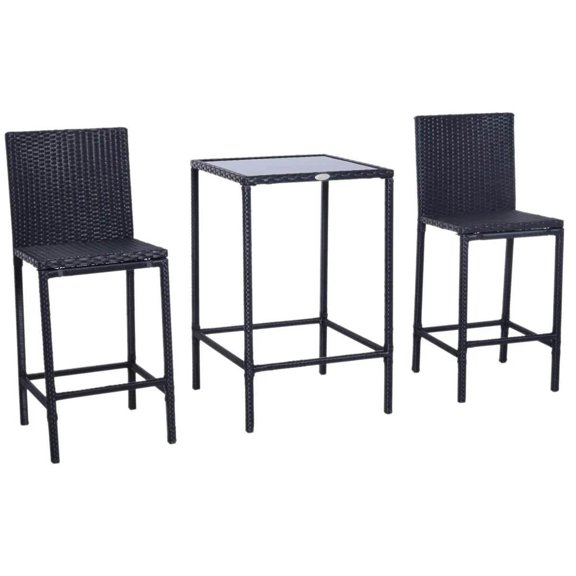 Spaco 3 Pieces Rattan Bar Set with Glass Top Table, 2 Bar Stools for Outdoor, Black