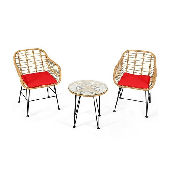 Spaco 3 Pieces Rattan Furniture Set, Outdoor Patio Rattan Conversation Bistro Set with Cushioned Chair Table-Red