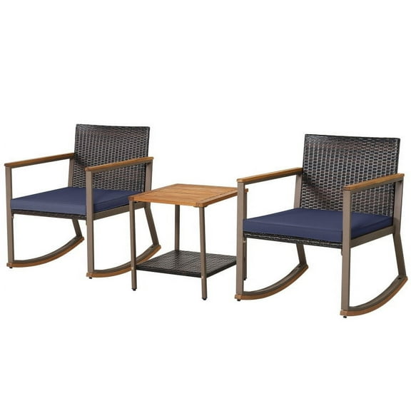 Spaco 3 Pieces Rattan Rocking Bistro Set, Patio Conversation Sets with Coffee Table and Cushions-Off White