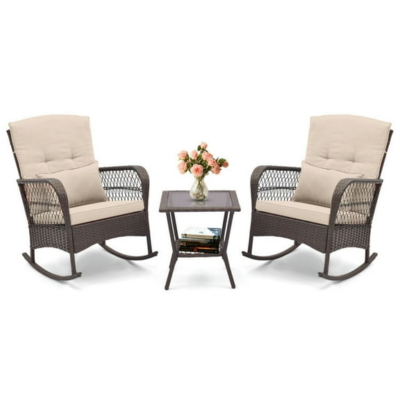 Spaco 3 Pieces Rocking Bistro Set with Practical 2-Tier Coffee Table, Hand-Woven PE Rattan Conversation Set, Patio Bistro Set for Outdoor, Brown
