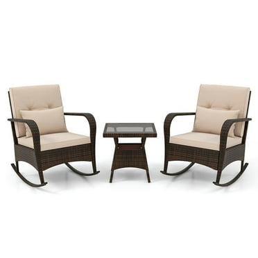Spaco 3 Pieces Rocking Set with Tempered Glass Coffee Table, Wicker Rocking Set with Anti-Slip Rubber Mats and Functional Stoppers, Rocking Set with Cozy Cushions and Pillows for Outdoor, Brown