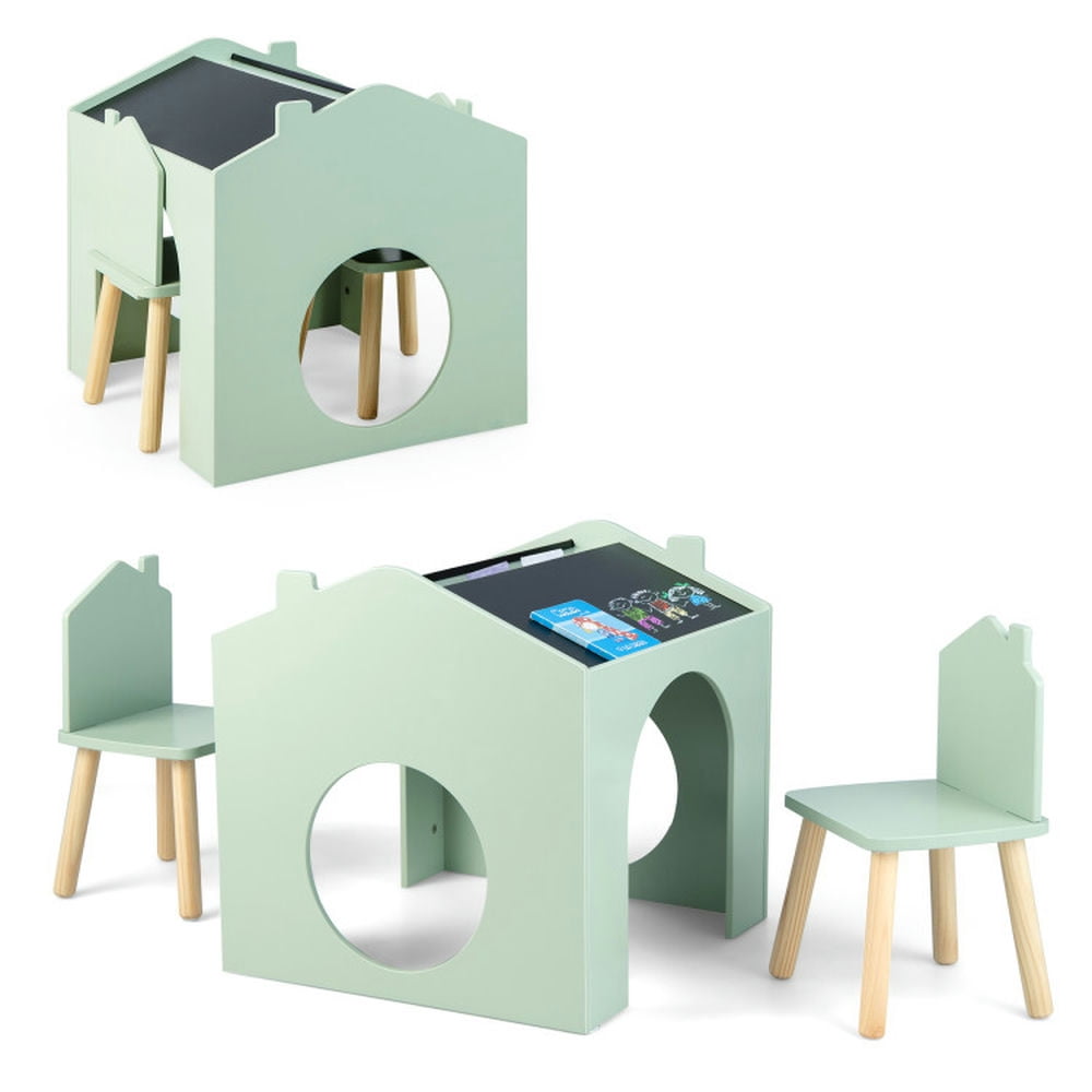 Green Wooden Kids Table and Chair Set with Chalkboard