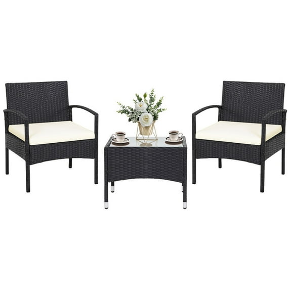 Spaco 3 Pieces Wooden Patio Conversation Furniture Sets Sofa Chair with Cushion, Outdoor Garden Table for Yard and Bistro
