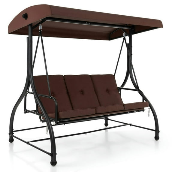 Spaco 3 Seat Outdoor Porch Swing with Adjustable Canopy, 2-In-1 Converting Patio Swing with Sturdy Metal Frame and Non-Slip Foot Pad, Porch Swing for Outdoor, Coffee