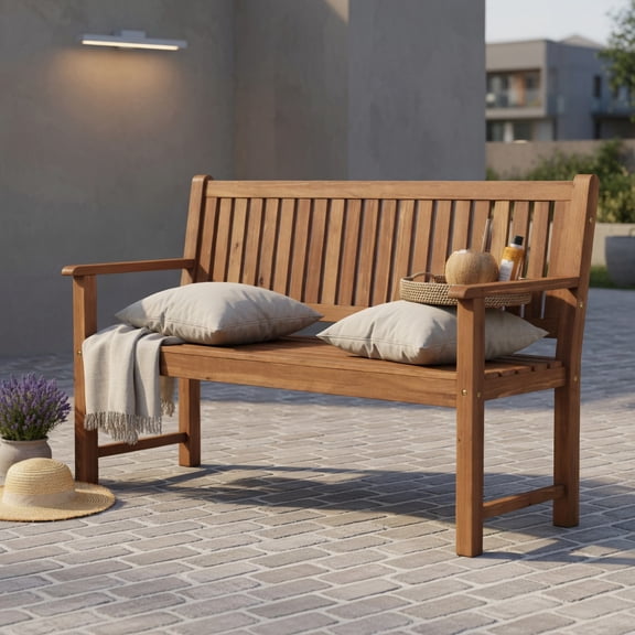 Spaco 3-Seater Outdoor Wooden Bench, 59 Inch Large Garden Bench with Backrest and Armrests, Solid Fir Wood, Brown, Natural Finish