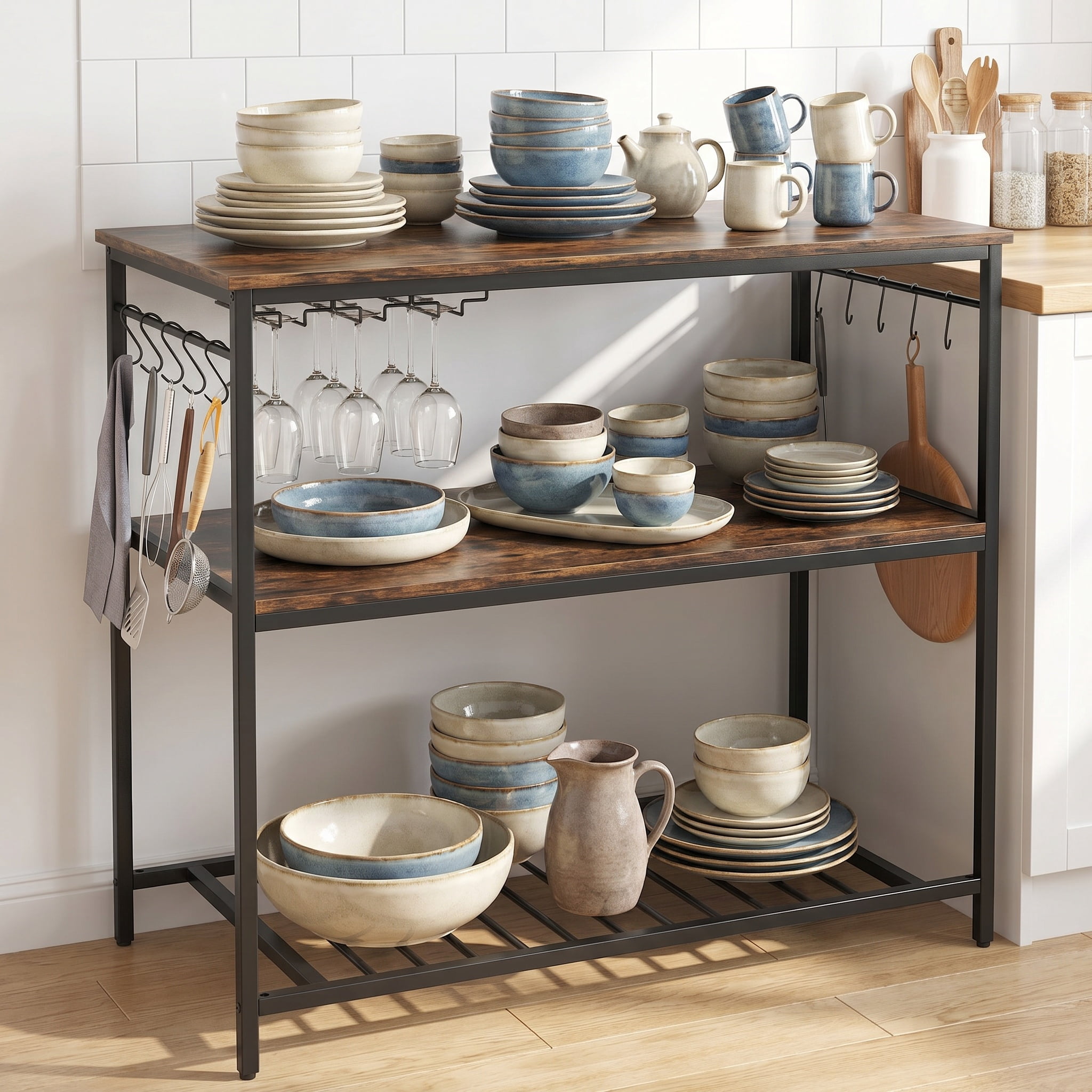 Spaco 3 Shelves Kitchen Island Industrial Prep Table with Bottom Wine Rack-Rustic Brown, Kitchen Storage Shelf for Spices, Pots, and Pans