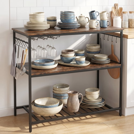 Spaco 3 Shelves Kitchen Island Industrial Prep Table with Bottom Wine Rack-Rustic Brown, Kitchen Storage Shelf for Spices, Pots, and Pans
