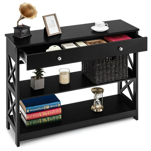 Spaco 3-Tier Console Table with Drawers for Living Room Entryway-Black, Entryway Table Hallway Table, Storage-Friendly Hallway Table for Foyer & Entry Spaces