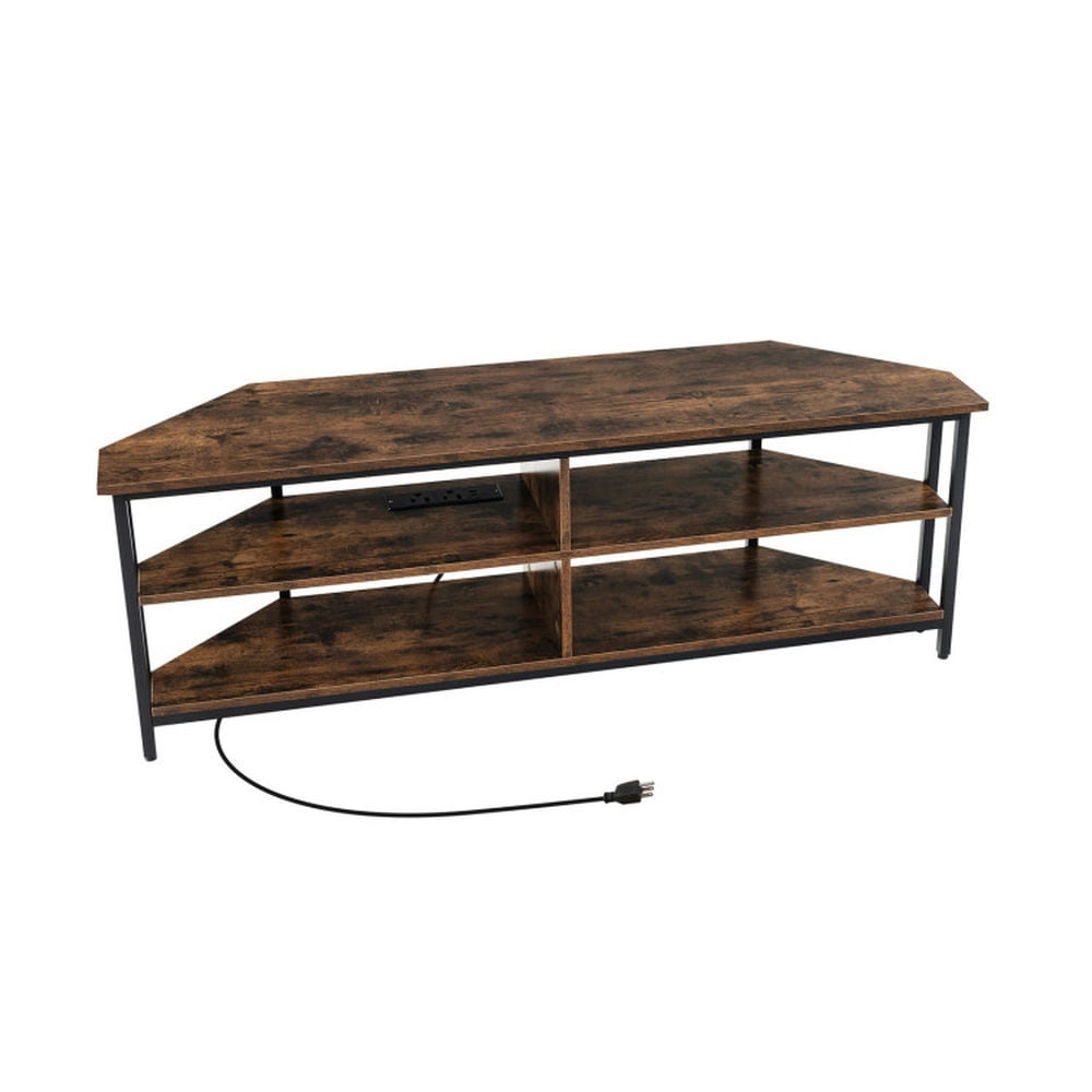 Spaco 3-Tier Corner TV Stand for TVs up to 65 Inches with Charging Station- Rustic Brown, Mid Century Modern TV Stand for Living Room Bedroom