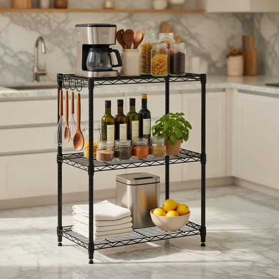 Spaco 3-Tier Heavy-Duty Black Metal Storage Shelving Unit, 450 lb Capacity, V-Shaped Wire Racks, Adjustable Shelves & Leveling Feet for Garage, Pantry & Basement, Black
