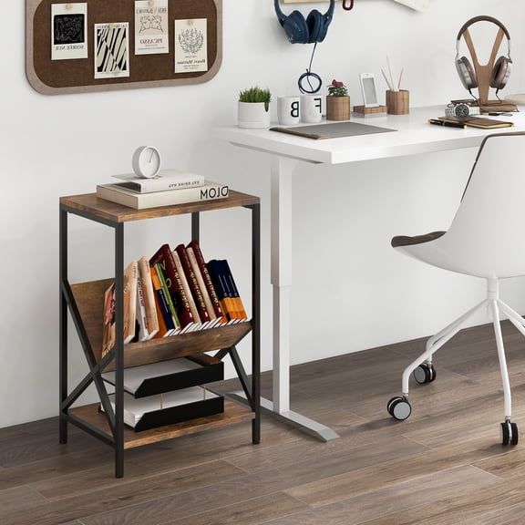 Spaco 3-Tier Industrial Side Table with V-shaped Bookshelf for Living Room-Rustic Brown, Nightstand Small Side Table, End Table for Bedroom Living Room
