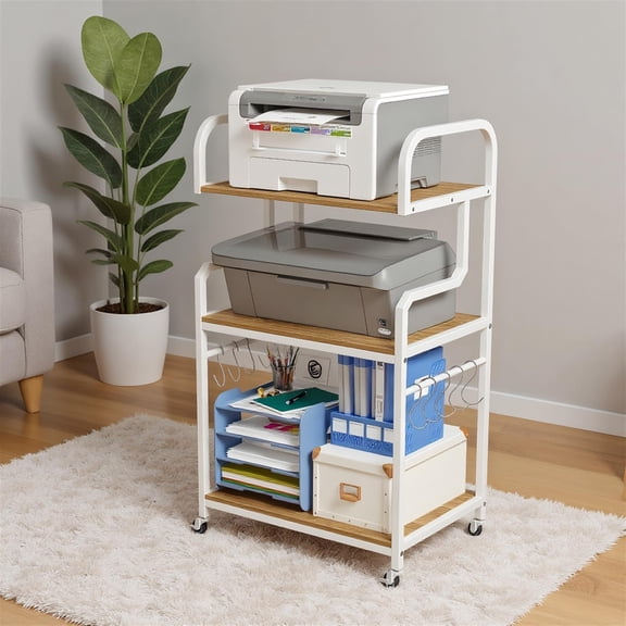 Spaco 3-Tier Movable Printer Stand with 10 Hooks Anti-Drop Barriers Heavy Metal Frame Lockable Wheels Office Storage Cart, Natural