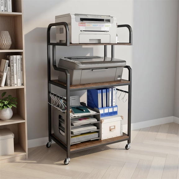 Spaco 3-Tier Movable Printer Stand with 10 Hooks Anti-Drop Barriers Heavy Metal Frame Lockable Wheels Office Storage Cart, Rustic Brown