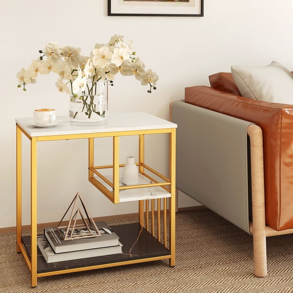 Spaco 3-Tier Multi-function Marble End Table with Storage Shelf-Golden, Nightstand Small Side Table, End Table for Bedroom Living Room
