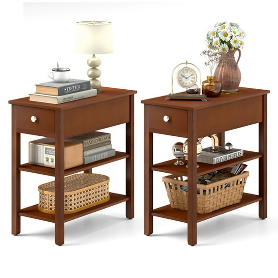 Spaco 3-Tier Narrow End Table with Drawer and Storage Shelves Set of 2, Side Table, Brown