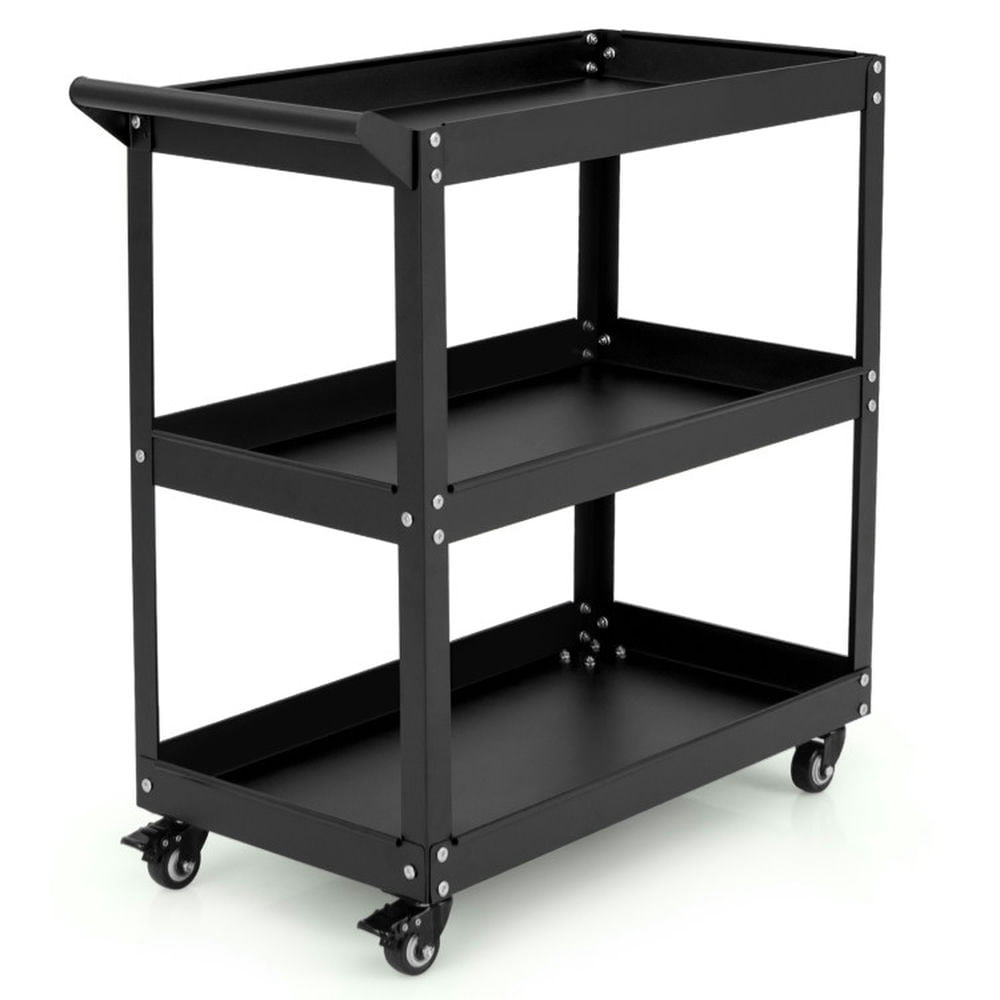 Black Heavy-Duty Metal 3-Tier Rolling Utility Cart with Lockable Wheels
