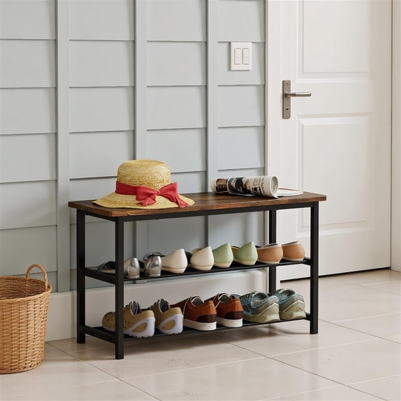 Spaco 3-Tier Shoe Rack Bench Metal Frame 300 LBS Capacity Wood Seat Metal Slat Shelves Air Flow Design Non-Slip Feet Round Edges Entryway Organizer, Rustic Brown + Black