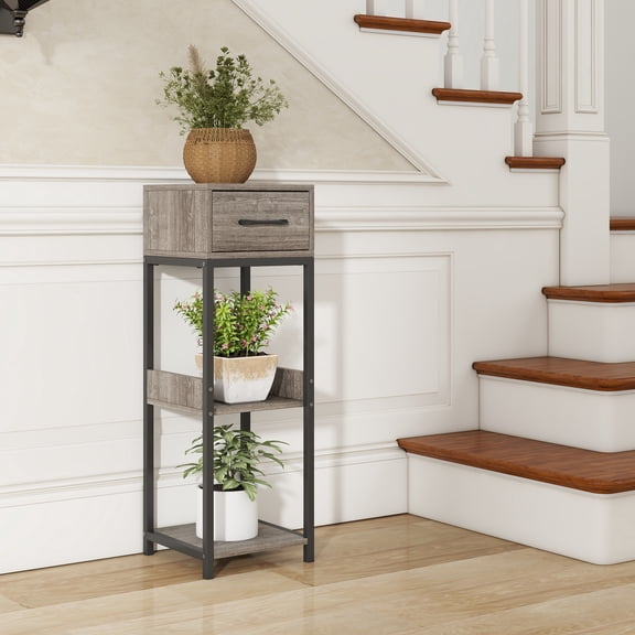 Spaco 3 Tier Tall Plant Stand with Drawer Anti-tipping Devices-Gray, End Table