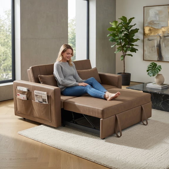 Spaco 3-in-1 Convertible Sofa Bed, Pull-Out Sleeper Loveseat with Adjustable Backrest, Waterproof Faux Leather Couch, Side Storage Pockets & Included Pillows, Brown