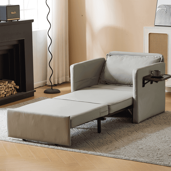 Spaco 3-in-1 Convertible Sofa Chair Bed, Sleeper Chair Bed, Pull-out Sofa Bed with Convenient Folding Tray Table and Type-C Charging Ports for Indoor as Living Room, Light Gray
