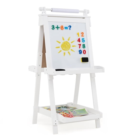 Spaco 3-in-1 Double-Sided Art Easel, Chalkboard, Magnetic Whiteboard, Replaceable Paper Roll, White