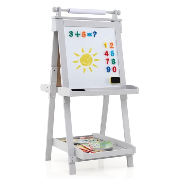 Spaco 3-in-1 Double-Sided Art Easel, Foldable Tool Tray, Chalkboard, Magnetic Whiteboard, Gray