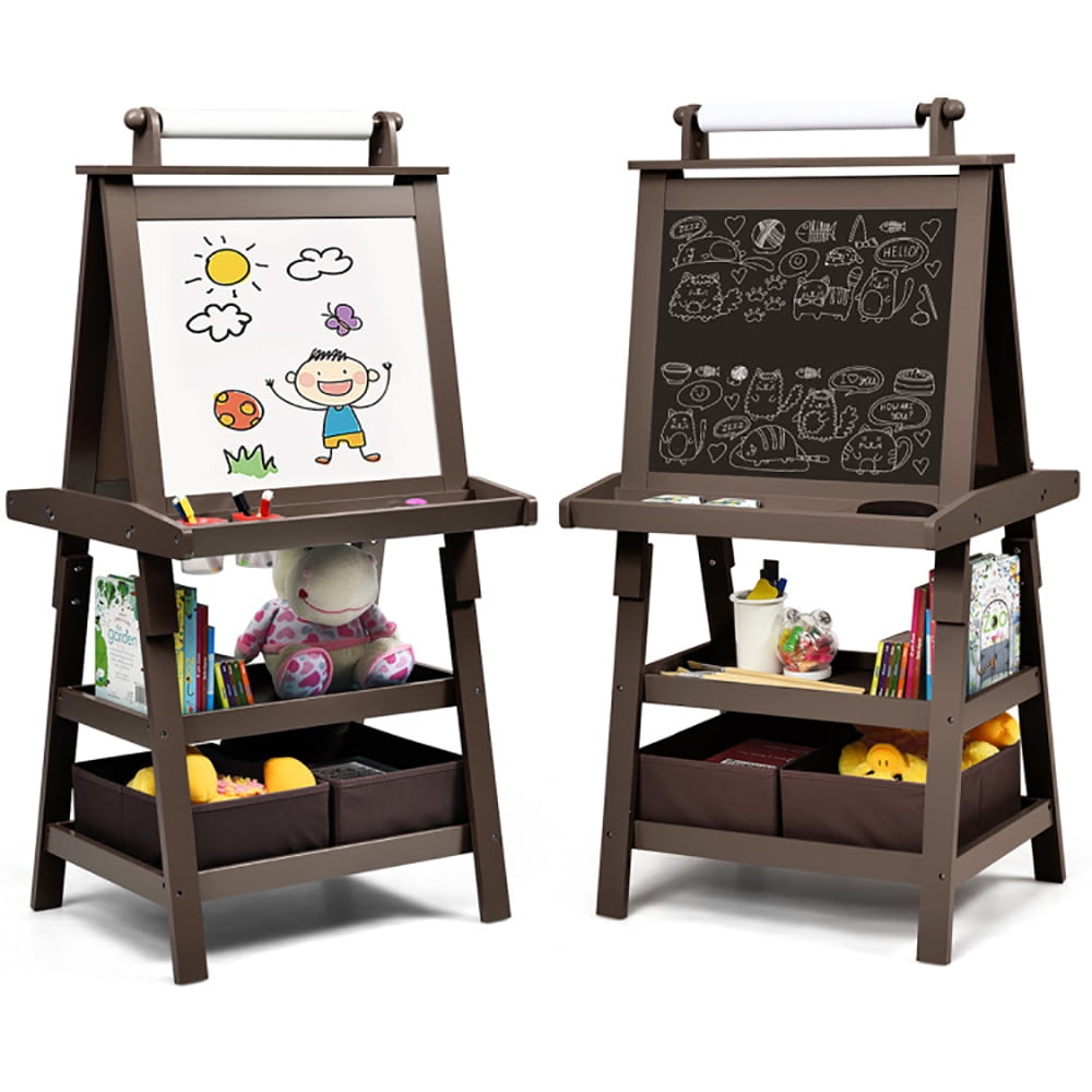 Spaco 3-in-1 Double-Sided Storage Art Easel, Toddler Art Easel for Kids Ages 3-8, Educational Toys Gifts for Kids, Brown