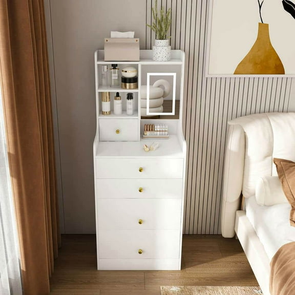 Spaco 3-in-1 Dressing Table with LED Mirror & Storage Stool, Compact Makeup Vanity with 4 Drawers and Storage Cabinet, Makeup Vanity with Open Bookshelf, White