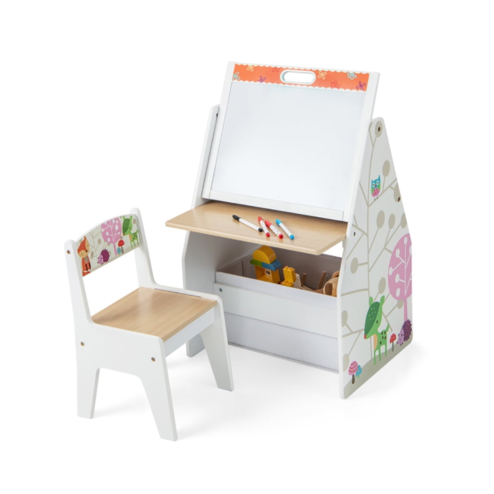 Spaco 3 in 1 Kids Easel and Play Station Convertible with Chair and Storage Bins, Art Easel for Ages 3-8 Kids , Gray