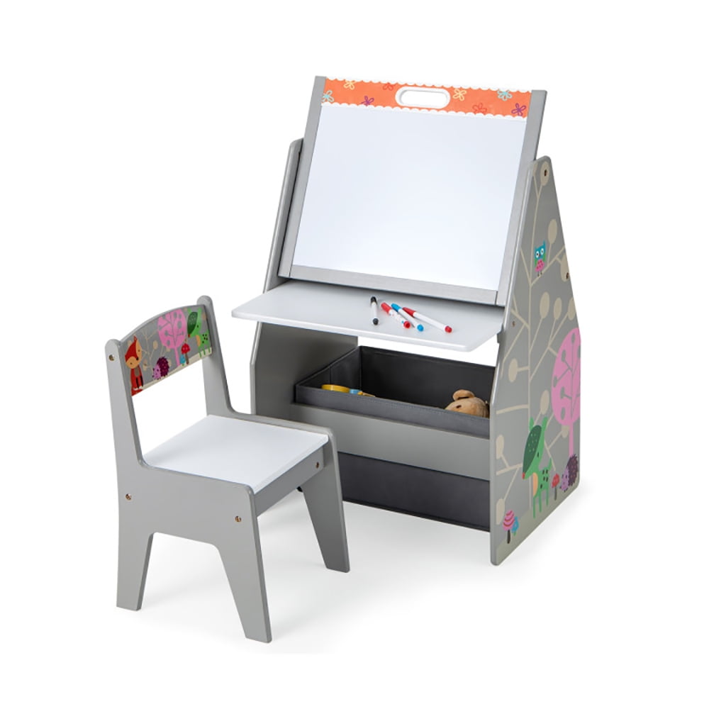 Spaco 3 in 1 Kids Easel and Play Station Convertible with Chair and Storage Bins, Art Easel for Ages 3-8 Kids , White Board Easel, Gray
