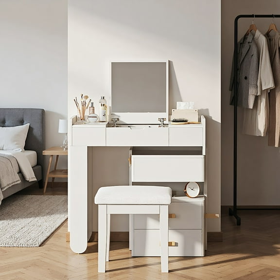 Spaco 3-in-1 Makeup Vanity Desk with Flip-Top Mirror and LED Lighting, Stylish Multi-Functional Dressing Table with Adjustable Length & Ample Drawers for Indoor as Bedroom, Living Room, White