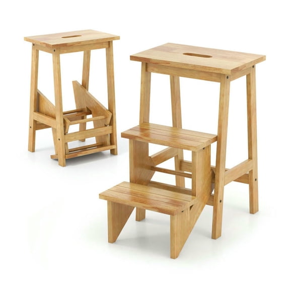 Spaco 3-in-1 Rubber Wood Step Stool, Step Ladder with Convienient Handle, Step Ladder for Indoor, Natural