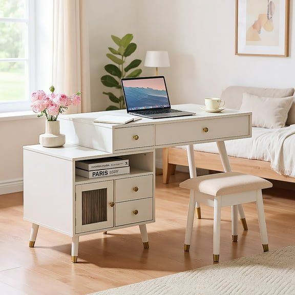 Spaco 3-in-1 Vanity Desk with Stool, Makeup Dressing Table with Lighted Flip-Top Mirror & Adjustable Cabinet, Dresser with Drawers for Indoor as Bedroom, Living Room, White