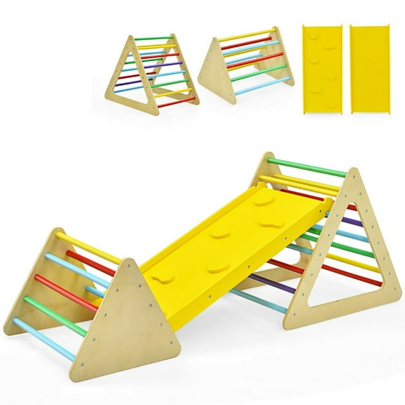 Spaco 3 in 1 Wooden Set of 2, Triangle Climber with Ramp for Slid, Kids Play Equipment for Indoor Outdoor, Yellow