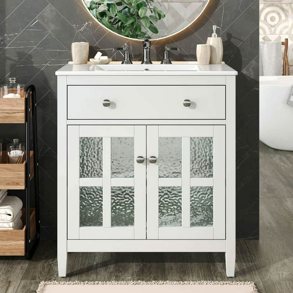 Spaco 30" Bathroom Vanity with Ceramic Sink, Equipped with Adjustable Shelf and Tip-Out Tray, Bathroom Vanity with Solid Wood Legs and Soft Close Hinges for Indoor, White