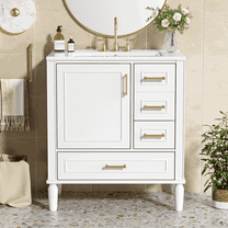 Spaco 30" Bathroom Vanity with Ceramic Sink and Soft-Close Door, Modern & Functional Cabinet with Built-in Shelf and Drawers for Indoor as Bathroom, White