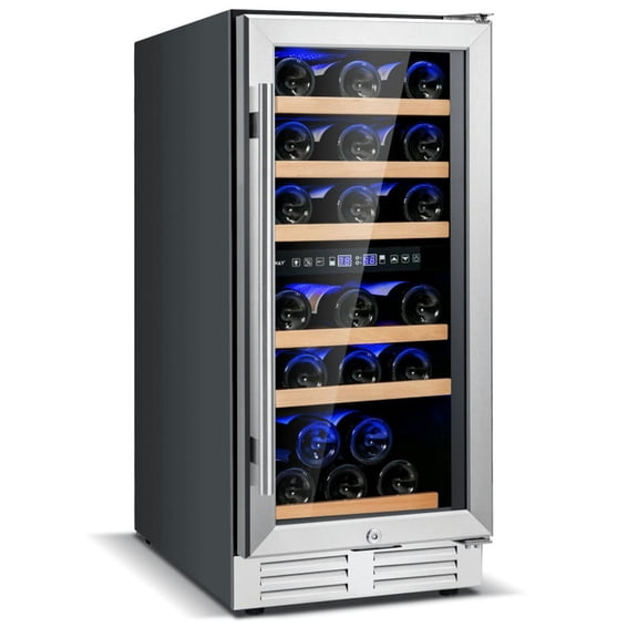 Spaco 30-Bottle Freestanding Wine Cooler with Dual Tempered Glass Door, Wine Cooler with Temp Memory and Dual Zones, Wine Cooler for Indoor, Silver