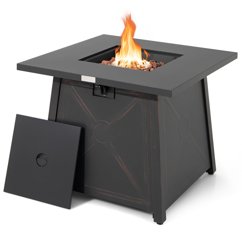 Black Steel 30-Inch Square Gas Fire Pit Table with Cover